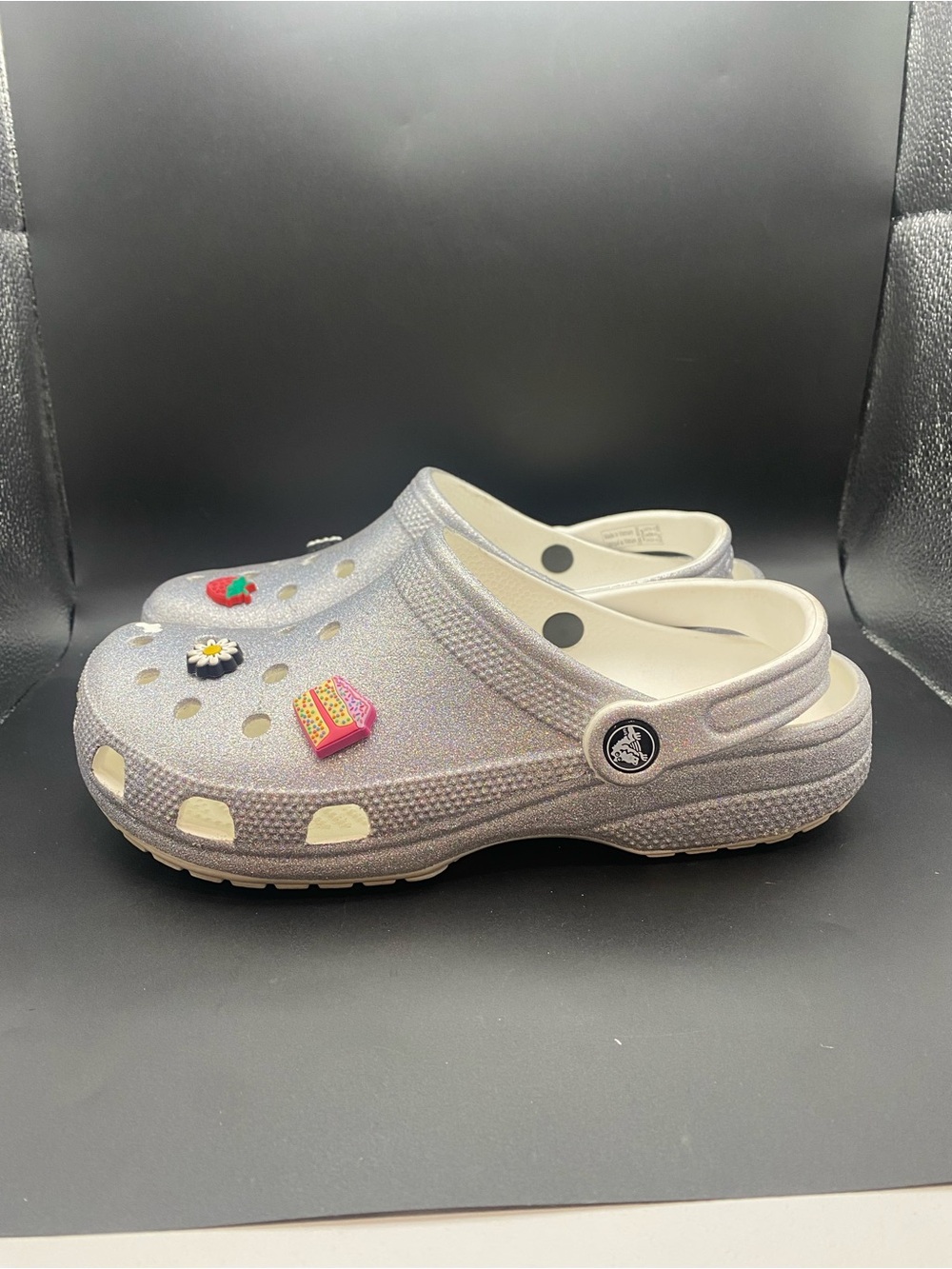 Crocs Women’s Classic Glitter Clog Silver Size 9 With Charms